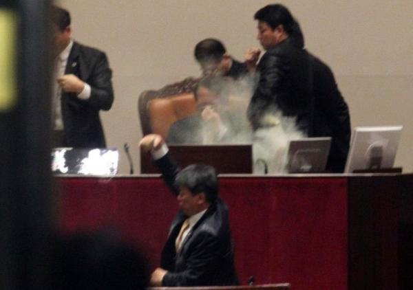 韩国民主议员向主席台扔催泪弹(图)